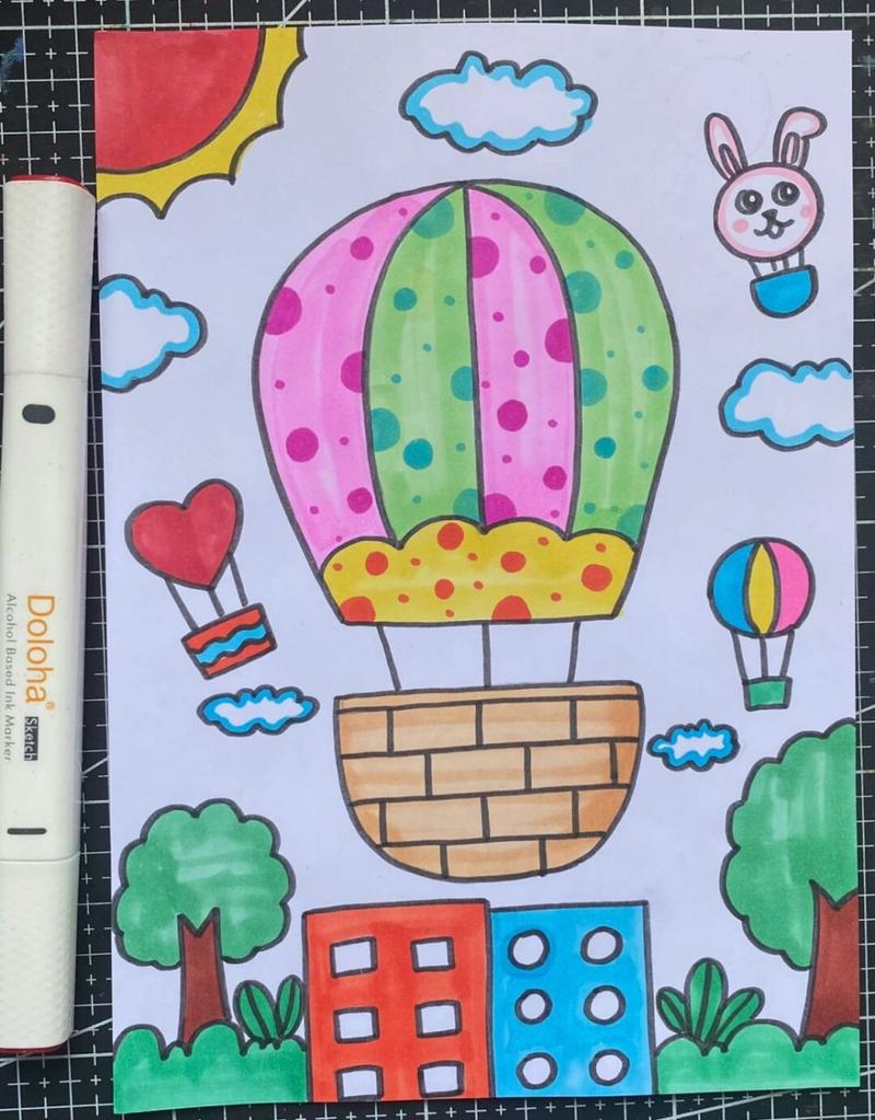 热气球儿童画 简单热气球马克笔画卡通画 适合小朋友的儿童画 笔 多乐