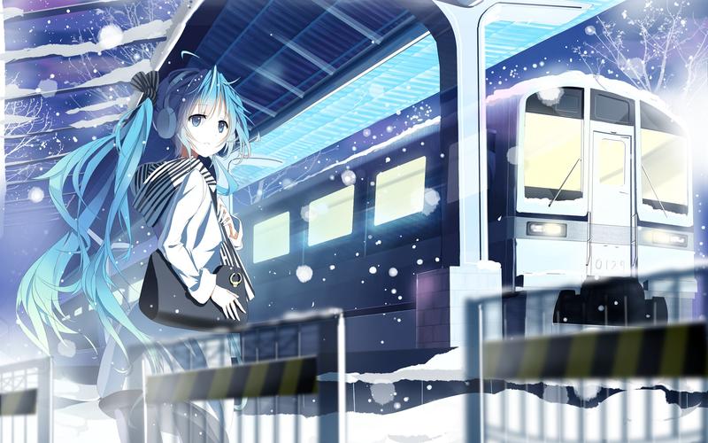 蓝发动漫女孩初音未来火车车站iphone壁纸