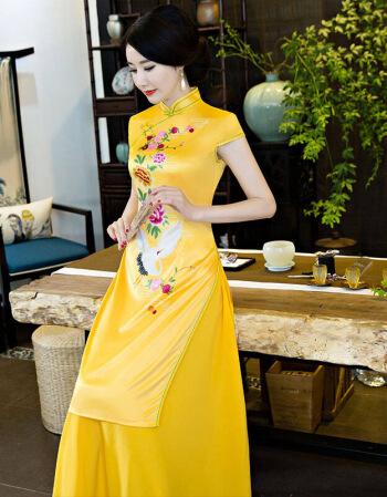 长款旗袍20改良中国风奥黛修身显瘦日常妈妈装旗袍连衣裙女 7317黄色