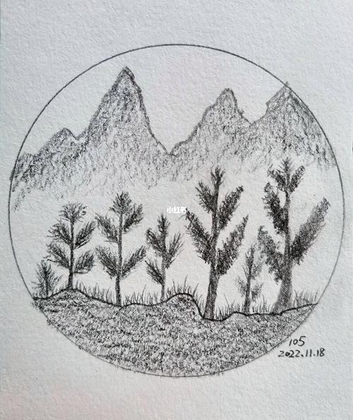 素描风景铅笔画山脚下的树