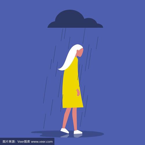 悲伤的女性角色站在雨中.阴暗的天气.的情绪.孤独的概念.