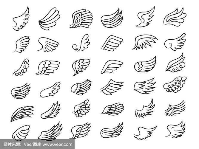 羽毛的翅膀.自由符号,飞翔元素,装饰翅膀的鸟类或天使绘制矢量集合