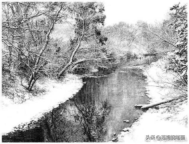 钢笔画手绘风景雪景黑白灰对比强烈很写实就像照片一样