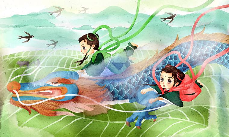 中国风中国传统节日可爱的仙童二月二龙抬头玩耍插画图片