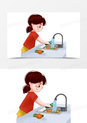 卡通手绘小朋友洗菜场景元素