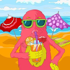 卡通可爱粉红色怪兽海滩上喝饮料矢量插图图片素材