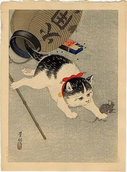 猫抓老鼠,江户时代浮世绘风格绘画.