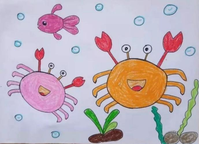 螃蟹就完成了,还可以在填画上其他水生动物,并涂上颜色,这样一幅漂亮