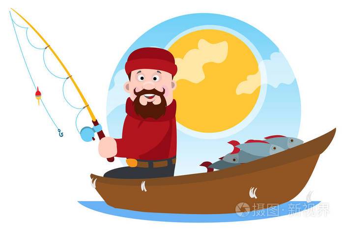 在木船上捕鱼的渔夫