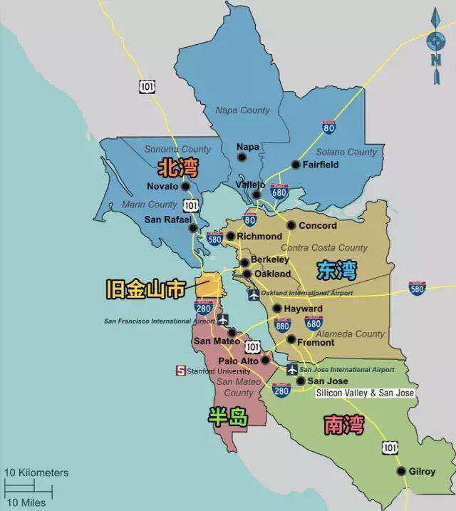 湾区及硅谷位置区分旧金山,硅谷和湾区,光看地图显然得不到真实的体会