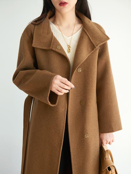 高端山羊绒大衣女新款真皮扣领口系带深咖啡色双面羊绒双面呢外套