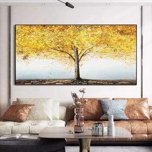 现代纯手绘油画客厅沙发背景墙挂画别墅大厅装饰画黄金发财树画