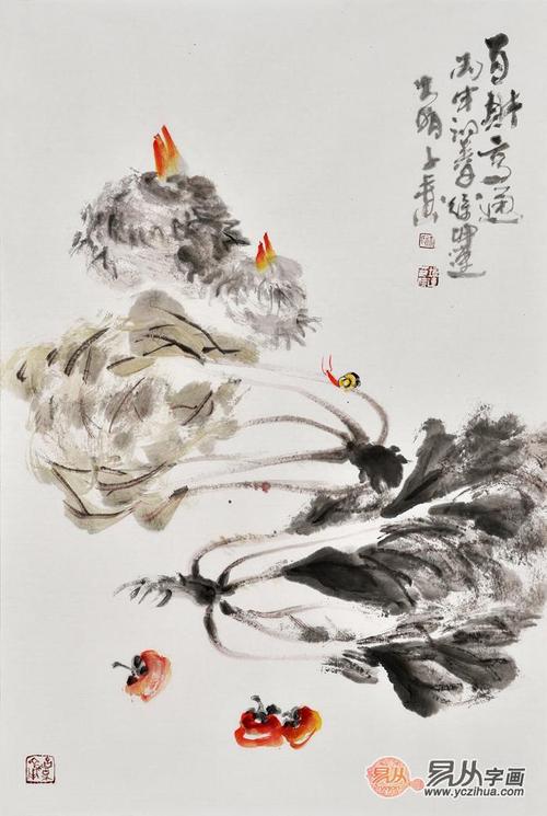 餐厅挂画 徐坤连不规则写花鸟画《白菜亨通》