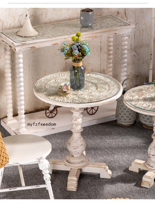 欧式罗马柱实木沙发边几小圆桌客厅阳台休闲圆形小茶几复古咖啡桌