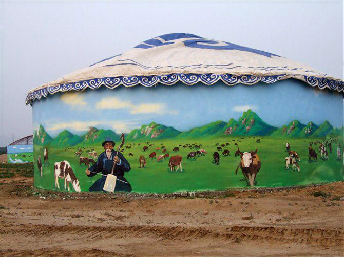 蒙古包生活场景摔跤墙绘