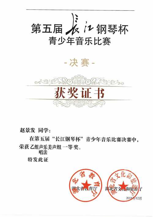 2018年湖北省第五届长江钢琴杯音乐比赛获奖证书