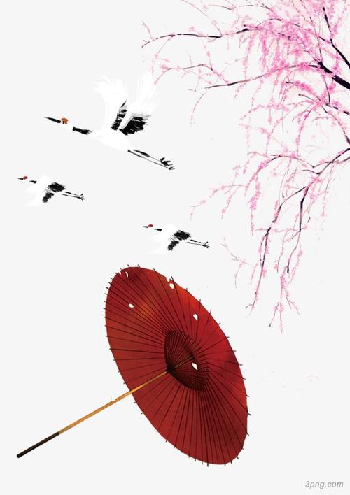 红色油纸伞桃花仙鹤png素材透明免抠图片-卡通手绘