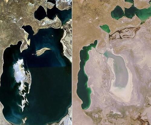 区别:从1989年(图左)到2009年(图右)以来,咸海在卫星地图上的变化