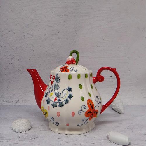 外贸 高品质 腰果花图案 釉下彩绘 手工彩绘 陶瓷茶壶