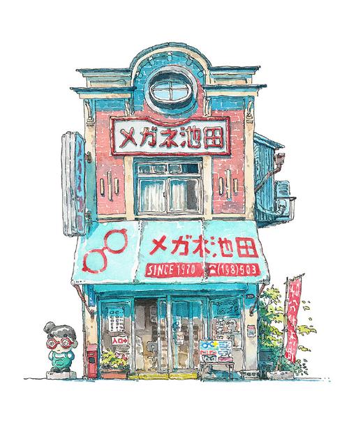 波兰插画师mateuszurbanowicz画的日本独栋复古店铺建筑水彩插画作品