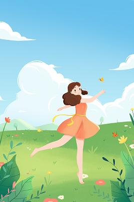 晴朗的天空在草地上翩翩起舞的女孩舞蹈插画绘画