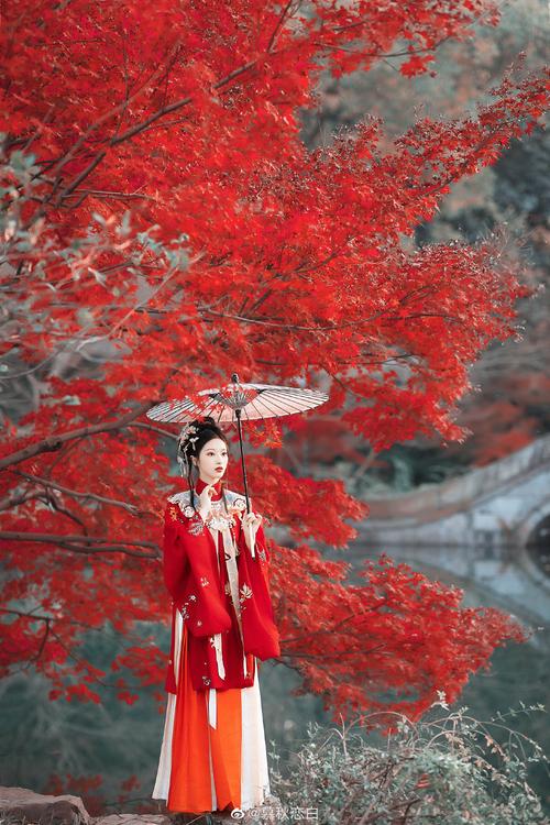 今日摄影分享枫林与落辉女孩红色汉服古风写真