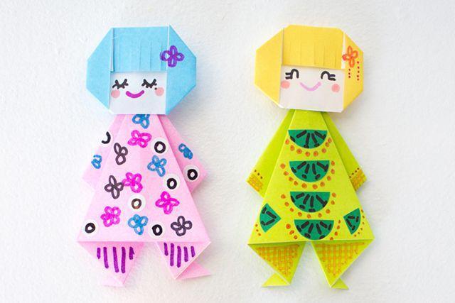 儿童春天手工折纸粘贴穿花裙子日系可爱小娃娃步骤图解