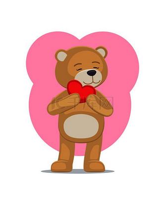 可爱的泰迪轻轻地把心抱在头上,可爱的熊动物带着红色的气球或枕头