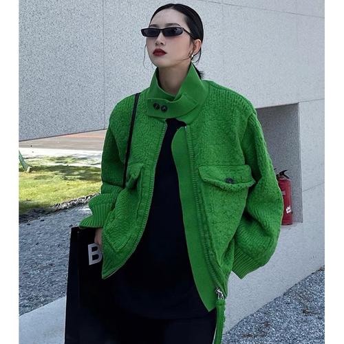 绿色毛衣外套开衫女秋冬加厚针织衫上衣韩国东大门2021年新款上衣