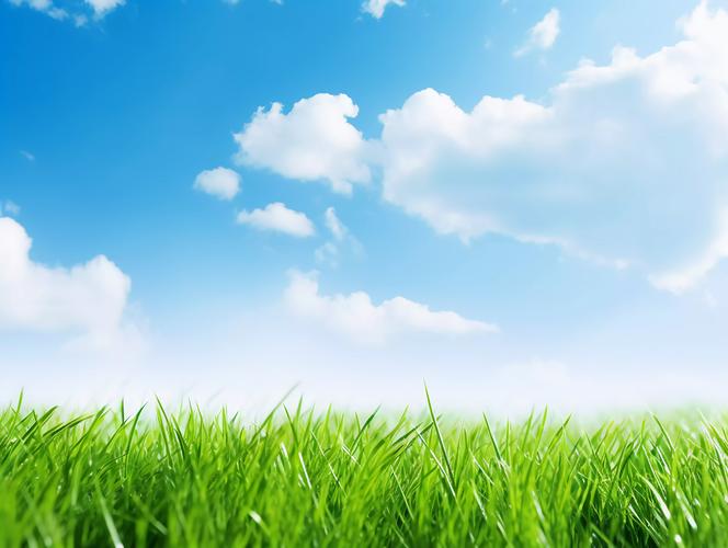 蓝天白云背景下的绿色草地春天清新风景美丽的大自然青草植物