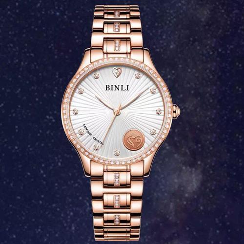 宾利手表女士玫瑰金薄款精钢石英表心系系列时尚国产腕表