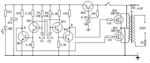 一款变压器可选有常用双12v输出的晶体管逆变器电路图
