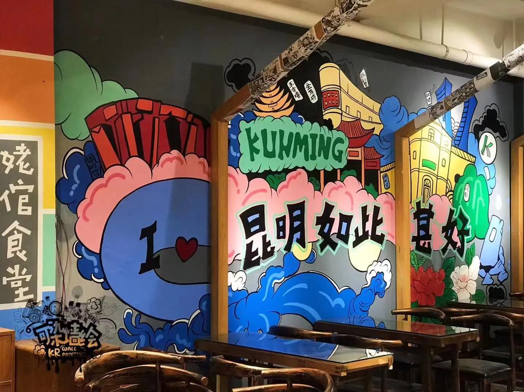 手绘 #墙体彩绘 餐厅一系列 - 抖音
