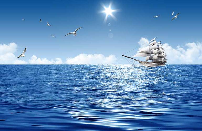 xt96234中式蓝色大海帆船阳光海鸥一帆风顺风景背景墙