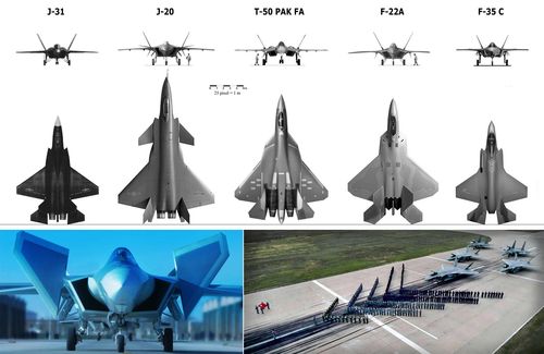 战机与俄罗斯t-50(已命名为苏-57),美国f-22a与f-35c(海军型)尺寸对比