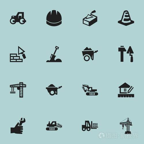 16 可编辑结构图标集.包括符号开挖机, 卡车, 施工工具等.