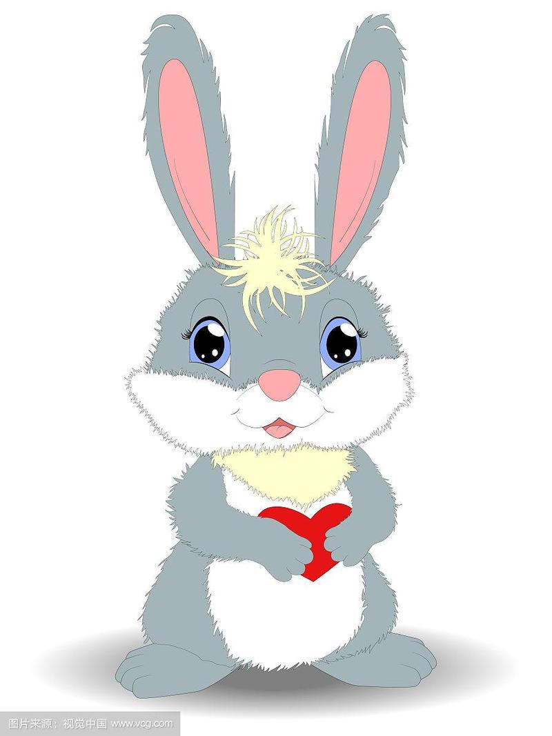 可爱的卡通灰色兔子与心