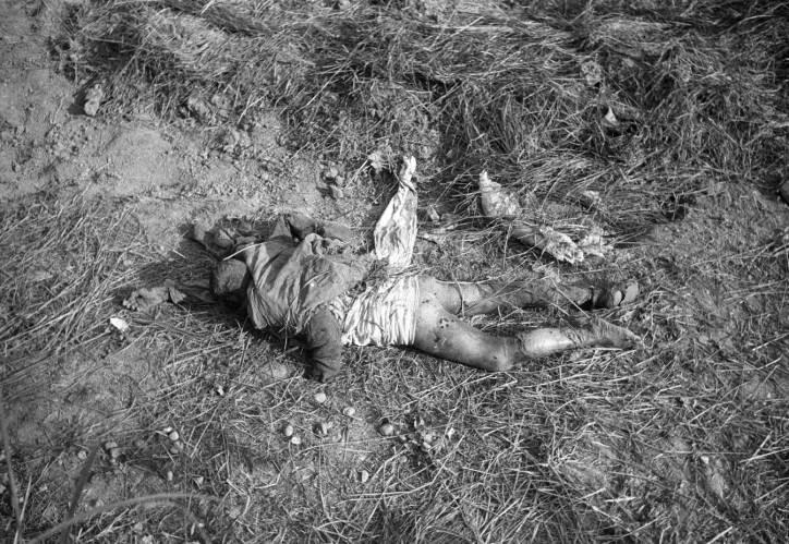 1943年12月,常德会战后,战场上的日军尸体.