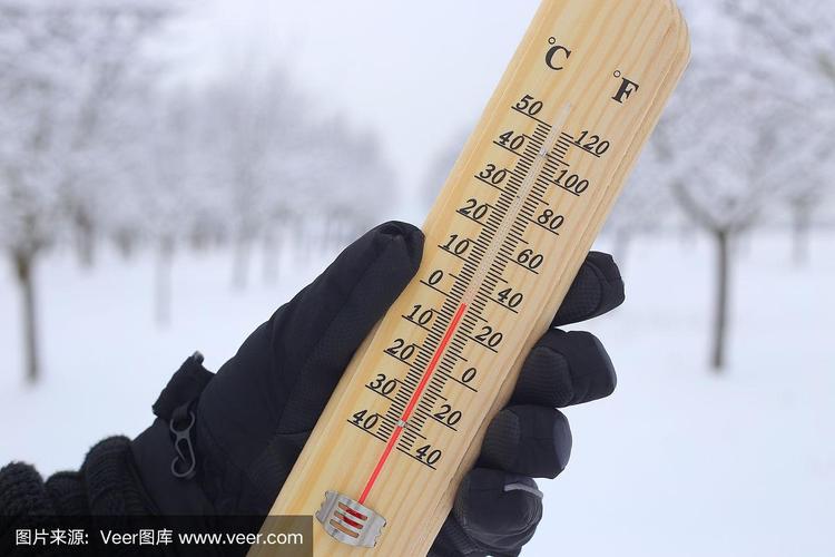 在寒冷的冬天,人们手握着室外的零度温度计