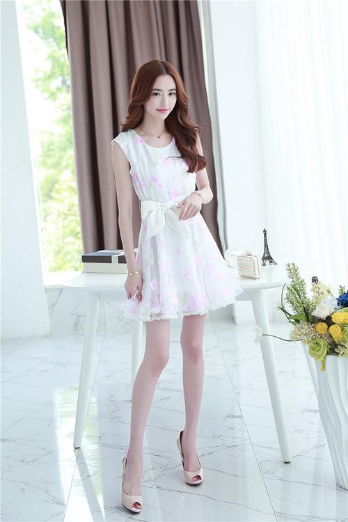 欧亚6619 2015夏季新韩系女装 白色欧根纱印花修身显瘦背心连衣裙