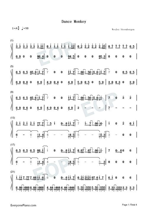 dance monkey-钢琴版-钢琴谱文件(五线谱,双手简谱,数字谱,midi,pdf)