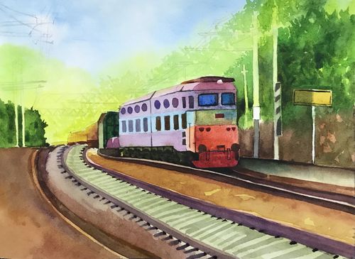 水彩风景画19火车
