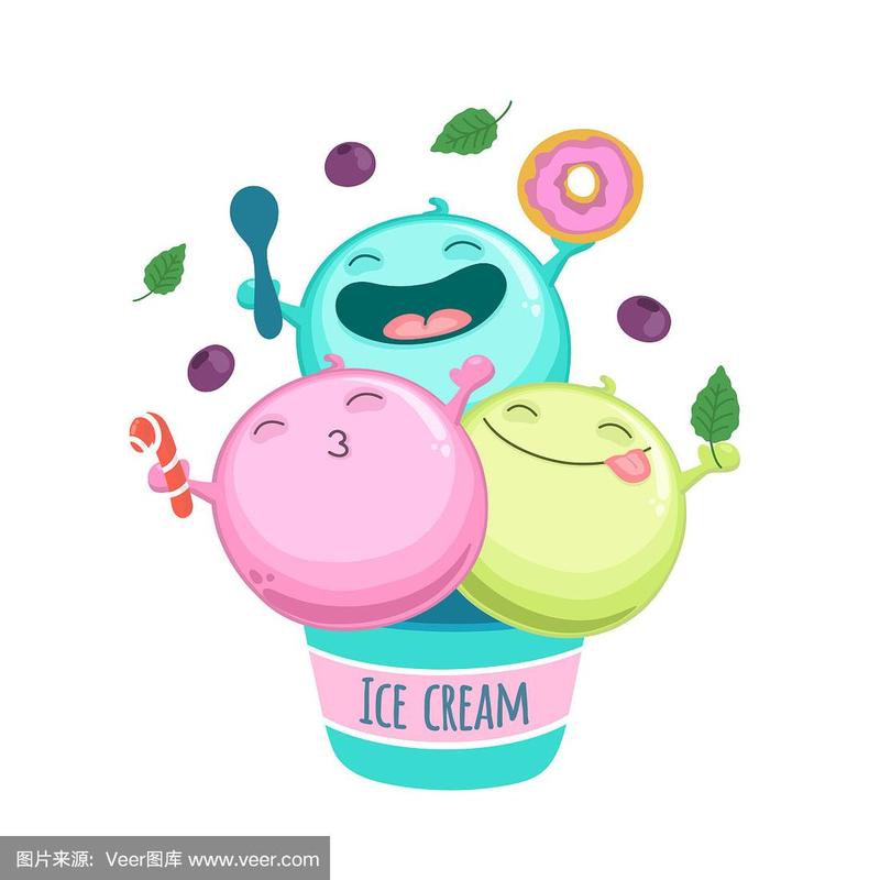 纸杯里的冰淇淋球卡通人物,还有浆果,甜甜圈,棒棒糖,薄荷和小勺子.