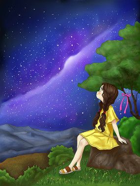 原创手绘仰望夜空的女孩手绘插画