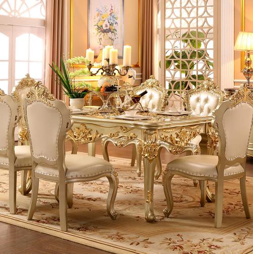 欧式奢华长方形餐桌实木雕花高档方饭桌家用餐椅组合宫廷法式欧美