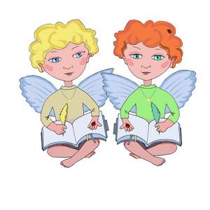 两个小天使的书和笔照片
