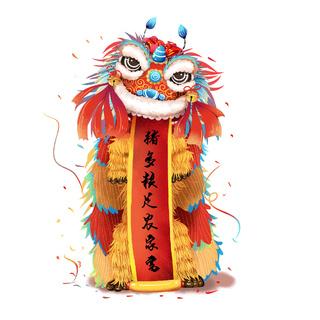新年春节虎年元宵手绘人物舞狮卡通狮子头插画元素psd设计素材