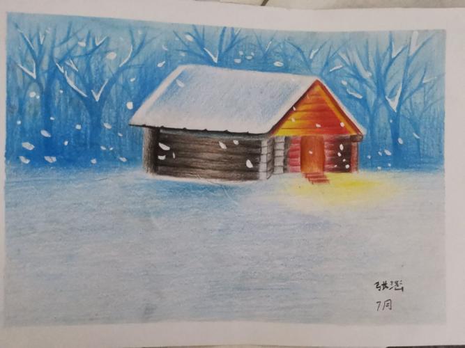 【张涵】作品彩铅雪景,枝头积雪表现不错.