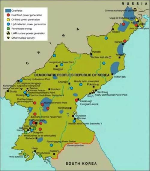 朝鲜矿藏分布地图,红点为已开采煤矿