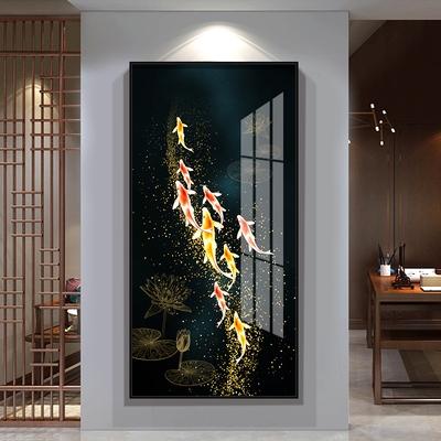 新品新中式九鱼图入户玄关装饰画竖版现代简约年年有余过道走廊挂